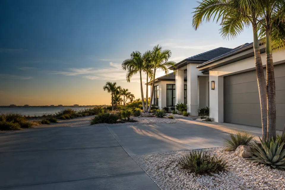 Foundation Repair Corpus Christi website cover with low coastal stucco house with a visible slab edge, pale gravel landscaping and a few palms