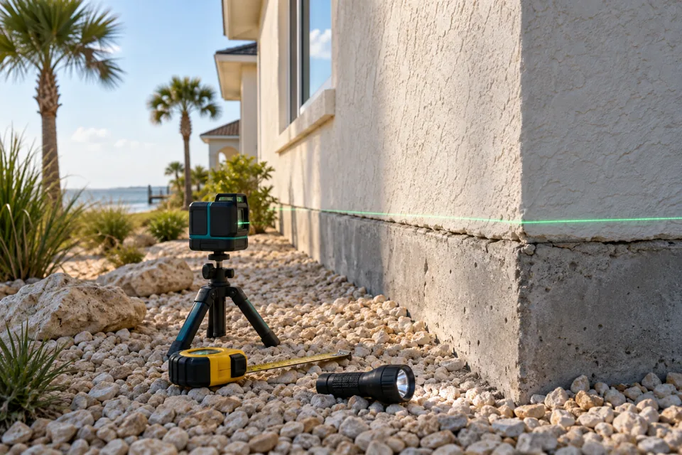 Foundation inspection tools and level beside a concrete base